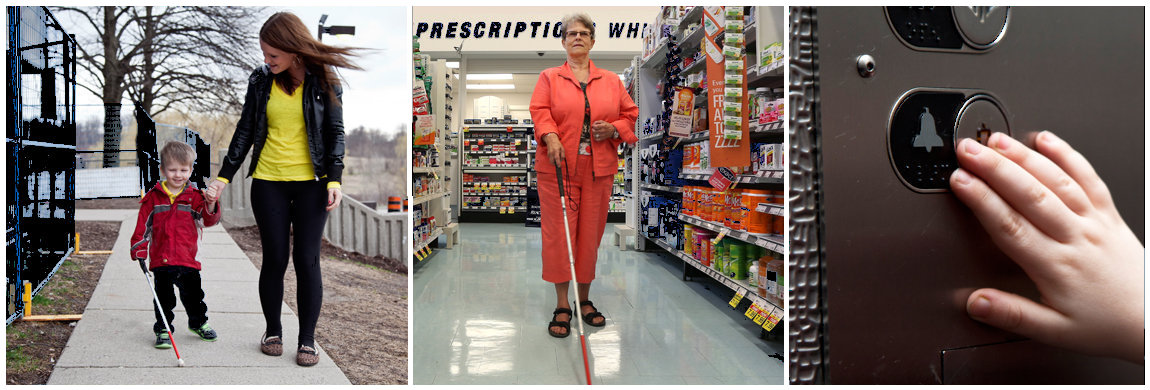Collage - Image 1: Child using a white cane, guided by an adult; Image 2: Woman using a white cane in a store; Image 3: Person reading Brailled elevator buttons