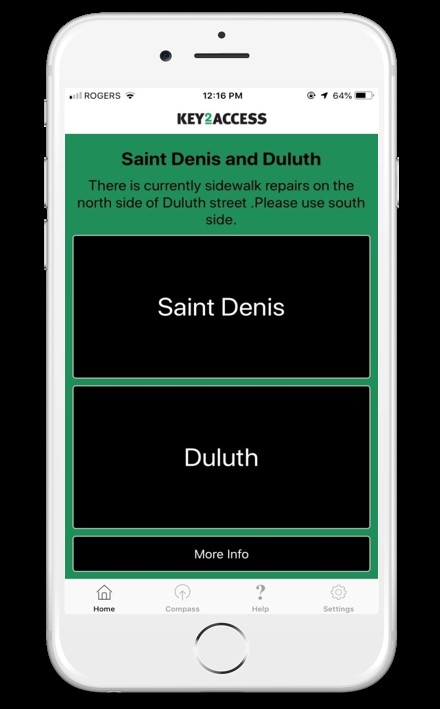 Screenshot of key2access mobile app. Intersection in Montreal of Saint Denis and Duluth and has a construction message Text: Saint Denis and Duluth. There is currently sidewalk repairs on the north side of Duluth street. Please use south side.